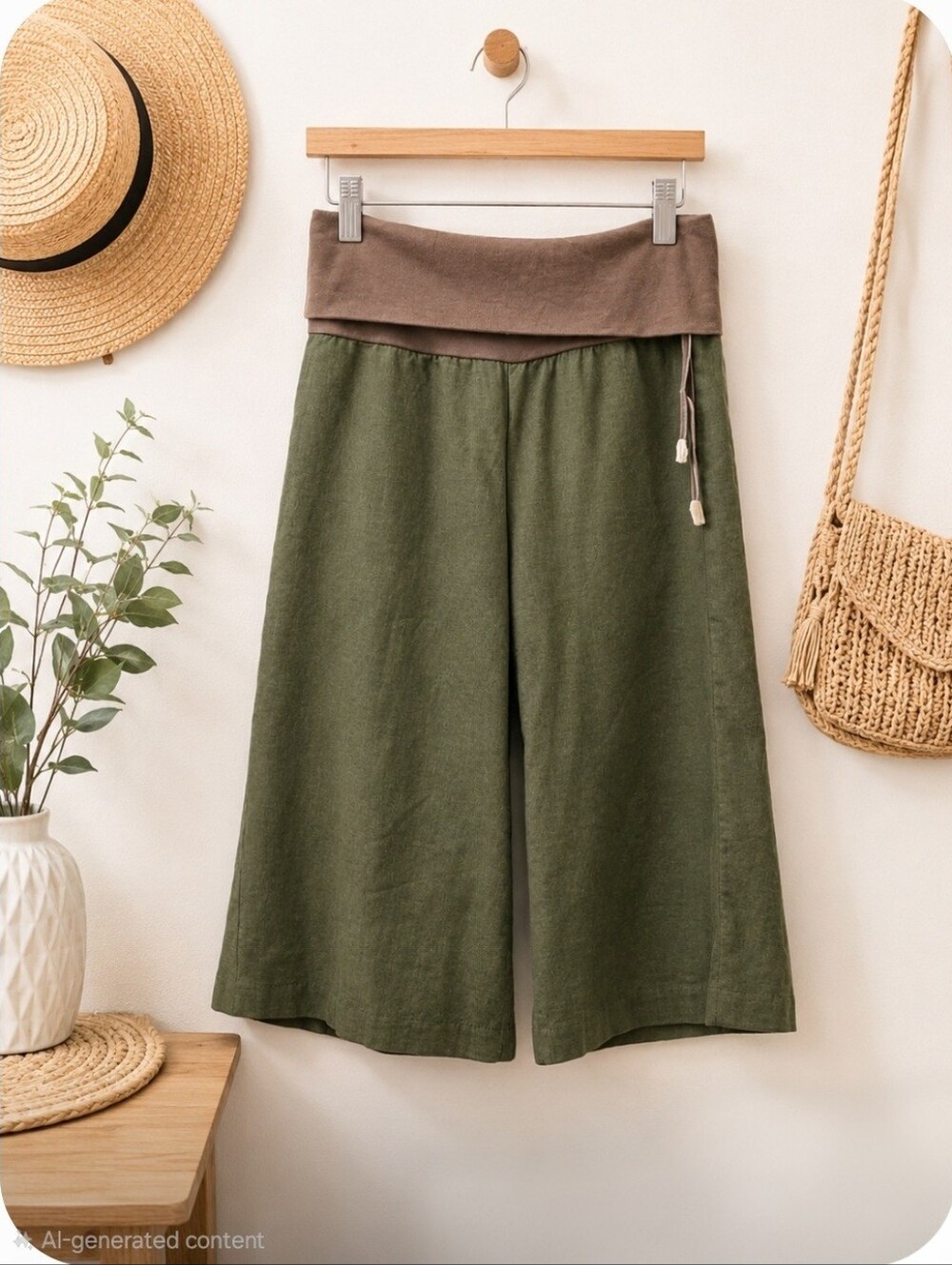 Charlotte Russe Olive Green Wide Leg Cropped Pants|Fold-Over Waist|Boho Lounge